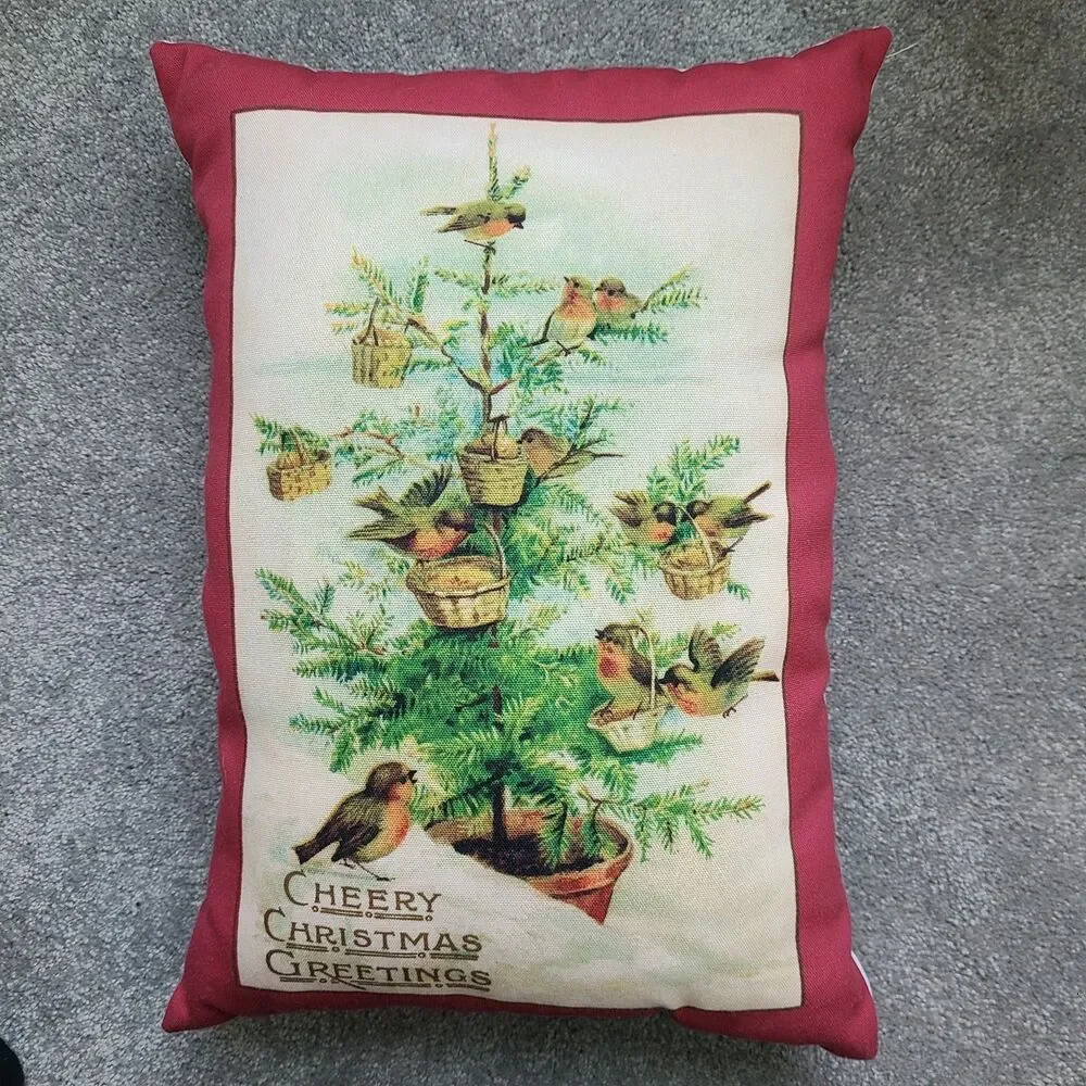 Vintage Christmas Pillow Needlepoint Appearance Cheerful Birds Tree Holiday